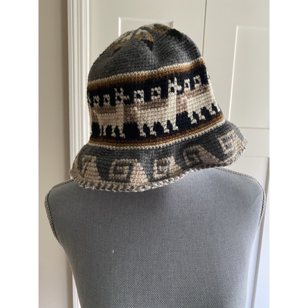 Crocheted Bucket Hat Llama Pattern Crochet Roll Up Handmade Rustic Alpaca s3